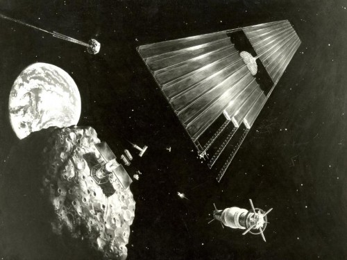 This June 1978 artist's concept shows a space solar power system surrounded by an active asteroid retrieval mission. A NASA-sponsored study on space manufacturing held at Ames Research Center provided much of the technical basis for the painting.  Image Credit: NASA/Denise Watt