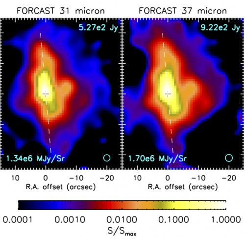 Figures 1a and 1b show the G35 protostar at wavelengths of 31 and 37 microns taken by the FORCAST instrument on the SOFIA observatory's infrared telescope in 2011. (Zhang et al. 2013, Astrophysical Journal)