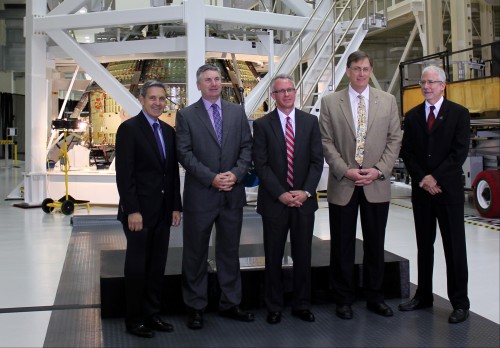 Several high-ranking NASA officials were present during today's event. They included, four-time shuttle veteran and current Kennedy Space Center  Director Bob Cabana, GSDO Program Chief Architect Scott Colloredo, SLS Program, Planning and Control Manager Keith Hefner, NASA's Deputy Associate Administrator for Exploration Systems Development Dan Dumbacher and Orion Program Manager Mark Geyer. Photo Credit: Jason Rhian / AmericaSpace