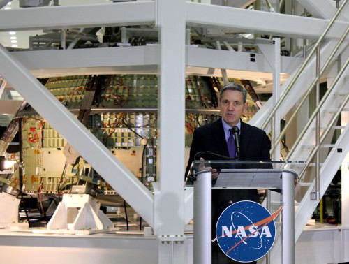 NASA's Kennedy Space Center Director Bob Cabana addresses members of the media during an event held to highlight the progress made on the Orion spacecraft that will be used to conduct the EFT-1 mission, currently planned to launch in 2014. Photo Credit: Jason Rhian / AmericaSpace