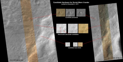 NASA's Mars Reconnaissance Orbiter has discovered what could be segments of the Soviet Union's Mars 3 spacecraft which disappeared on the Red Planet in 1971. Image Credit: NASA/JPL-Caltech