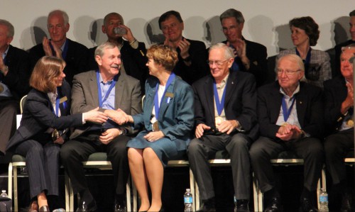 The 2013 inductees into the U.S. Astronaut Hall of Fame congratulate one another. Photo Credit: Jason Rhian / AmericaSpace