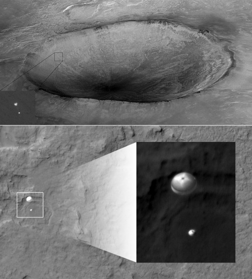 NASA has become skilled at getting imagery from different spacecraft landing on the Martian surface. In the top image, NASA's Mars Phoenix Lander makes its way to Mars' North Pole. The lower image shows Curiosity heading toward her new home at Gale Crater. Photo Credit: NASA/JPL-Caltech/Univ. of Arizona 