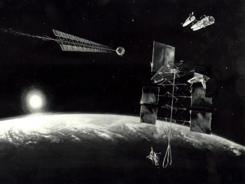 Orbital sunrise greets the start of this proposed asteroid retrieval mission in this artist's concept. A NASA-sponsored study on space manufacturing held at Ames Research Center provided much of the technical basis for the painting, showing a mission to an Earth-approaching asteroid. Image Credit: NASA/Denise Watt