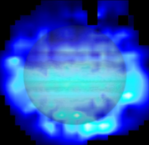 This map shows the distribution of water in the stratosphere of Jupiter as measured with the Herschel space observatory. White and cyan indicate highest concentration of water, and blue indicates lesser amounts. The map has been superimposed over an image of Jupiter taken at visible wavelengths with the NASA/ESA Hubble Space Telescope. Image credit: Water map: ESA/Herschel/T. Cavalié et al.; Jupiter image Credit: NASA/ESA/Reta Beebe (New Mexico State University) 