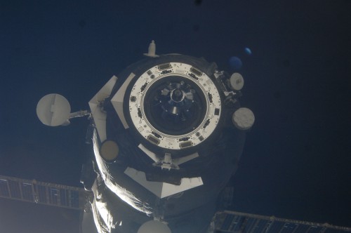 The Kurs ('Course') rendezvous and navigational antennas of the Progress vehicle are clearly visible in this image. Photo Credit: NASA