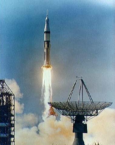 Boosted by the eight H-1 engines of its Chrysler-built S-IB first stage, the Saturn 1B rocket carries Apollo 7 and astronauts Wally Schirra, Donn Eisele and Walt Cunningham into orbit on 11 October 1968. Photo Credit: NASA
