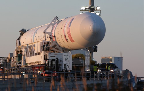 Temps dropped into the mid-40s as Orbital’s Antares launch vehicle was moved out to Pad-0A under clear blue skies. Photo Credit: Mark Usciak / AmericaSpace