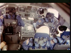 The STS-6 participate in a training session in the flight deck simulator. In the front seats are Weitz (left) and Bobko, with Musgrave in the center flight engineer's position and Peterson to his right. Photo Credit: NASA