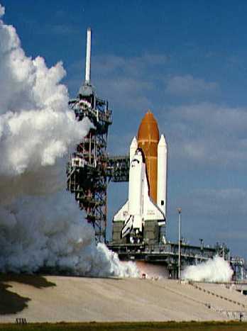 Challenger's three main engines ignite on 18 December 1982 for the first Flight Readiness Firing (FRF) of STS-6. Photo Credit: NASA