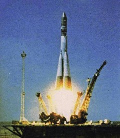 Atop a descendent of Sergei Korolev's R-7 booster, Gagarin begins his momentous journey into orbit. Photo Credit: Roscosmos