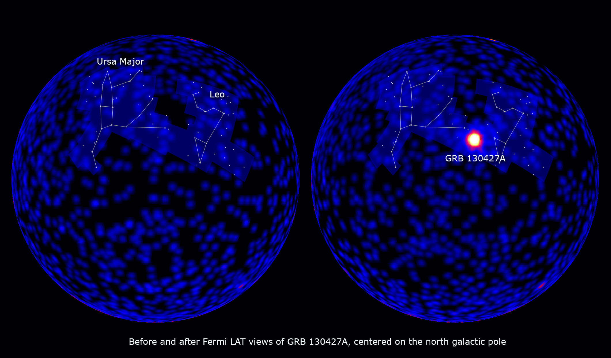 The maps in this animation show how the sky looks at gamma-ray energies above 100 million electron volts (MeV) with a view centered on the north galactic pole. The first frame shows the sky during a three-hour interval prior to GRB 130427A. The second frame shows a three-hour interval starting 2.5 hours before the burst, and ending 30 minutes into the event. The Fermi team chose this interval to demonstrate how bright the burst was relative to the rest of the gamma-ray sky. This burst was bright enough that Fermi autonomously left its normal surveying mode to give the LAT instrument a better view, so the three-hour exposure following the burst does not cover the whole sky in the usual way. Image Credit: NASA/DOE/Fermi LAT Collaboration 