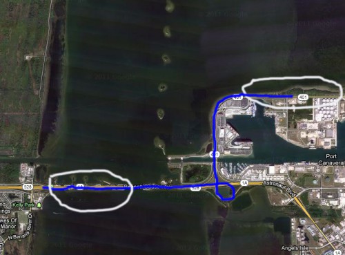 The SR-528 Bennett Causeway viewing area as well as Exit A into Port Canaveral taking Route 401 behind the port. The white circled areas represent the appropriate launch viewing areas. Image Credit: Google Maps