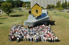 A full-scale model of the James Webb Space Telescope at the Goddard Space Flight Center, together with team that has worked on it. Credit: NASA