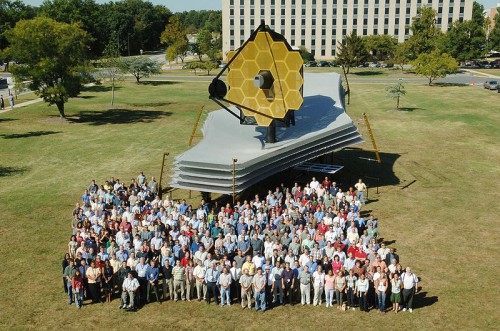 A full-scale model of the James Webb Space Telescope at the Goddard Space Flight Center, together with its team. Photo Credit: NASA