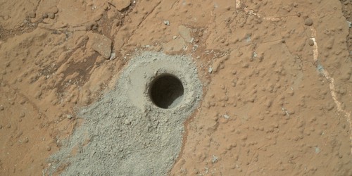 NASA's Mars rover Curiosity drilled into this rock target, "Cumberland," during the 279th Martian day, or sol, of the rover's work on Mars (May 19, 2013) and collected a powdered sample of material from the rock's interior. Image credit: NASA/JPL-Caltech/MSSS