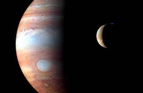This is a montage of New Horizons images of Jupiter and its volcanic moon Io, taken during the spacecraft's Jupiter flyby in early 2007. Image Credit: NASA/Johns Hopkins University Applied Physics Laboratory/Southwest Research Institute/Goddard Space Flight Center 