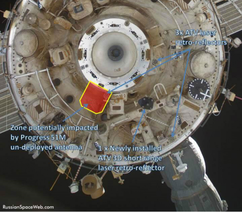 View of the docking port on the Zvezda module marking the area potentially impacted by Progress M-19M in April 2013 Image Credit: Roscosmos/Anatoly Zak/Russianspaceweb.com