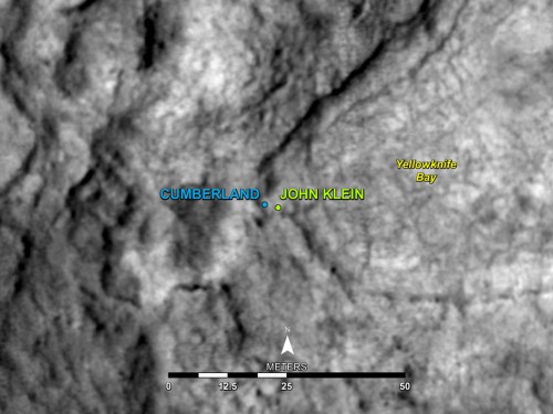 This map shows the location of "Cumberland," the second drilling target for NASA's Curiosity rover, in relation to the "John Klein" site, within the southwestern lobe of a shallow depression called "Yellowknife Bay". The base map is part of an image from the High Resolution Imaging Science Experiment (HiRISE) camera on NASA's Mars Reconnaissance Orbiter. Photo Credit: NASA