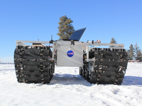 Tested on an Idaho ski slope earlier this year, the GROVER mission - with scale provided by a laptop sitting atop the vehicle - will explore the Greenland ice sheet in one of the most inhospitable environments on Earth. Photo Credit: NASA