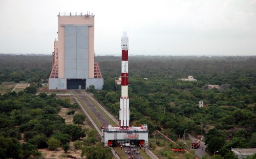 A PSLV preparing for launch from Satish Dhawan Space Centre, Sriharikota. Image Credit: ISRO.