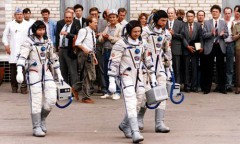 Sharman, Artsebarski and Krikalev depart for launch on the morning of 18 May 1991. Photo Credit: Joachim Becker/SpaceFacts.de
