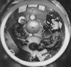 Inside the Stratolab gondola, during a fully-suited dry run of the mission. Photo Credit: National Geographic