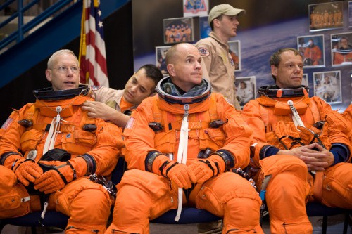 Rick "C.J." Sturckow (center), pictured during training for the STS-128 mission. Photo Credit: NASA
