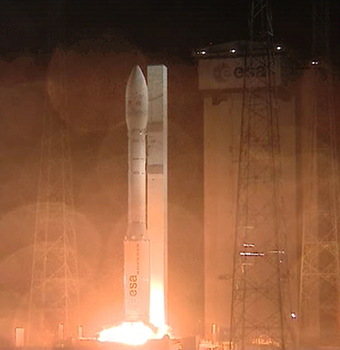 Arianespace's Vega VV-02 mission launches into steady rain at 11:06 p.m. Kourou time, Monday (2:06 a.m. UTC Tuesday). Photo Credit: Arianespace