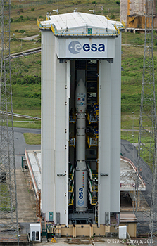 The four-stage VV-02 Vega launch vehicle undergoes final preparations, ahead of its ambitious mission to inject satellites into two different orbital altitudes. Photo Credit: ESA/Arianespace