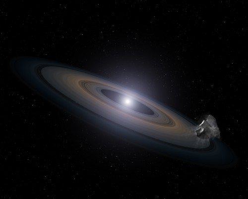 Artist's concept of a white dwarf accreting rocky debris left behind by the dead star's surviving planetary system. It was observed by Hubble in the Hyades star cluster. At lower right, an asteroid can be seen falling toward a Saturn-like disk of dust that is encircling the dead star. Infalling asteroids pollute the white dwarf’s atmosphere with silicon. Credit: NASA, ESA, and G. Bacon (STScI)