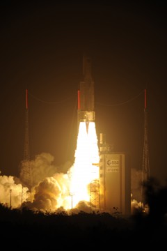 An Ariane 5 heavy-lift booster carries the ATV-3 payload into orbit last year. Photo Credit: Space Safety Magazine