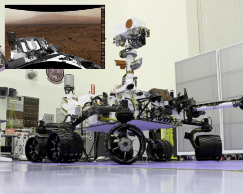 AmericaSpace image of NASA Jet Propulsion Laboratory ars Science Laboratory rover Curiosity at Kennedy Space Center photo credit Alan Walters Inset Credit NASA