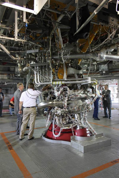 AmericaSpace photo of J-2X engine at A-1 test stand at Stemmis Space Center with William Gerstenmaier photo credit Jason Rhian AmericaSpace