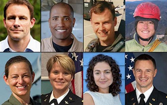 NASA's 2013 Astronaut Candidate Class. Top left to right: Josh A. Cassada, Ph. D.; Victor J. Glover, Lt. Commander, U.S. Navy; Tyler N. Hague (Nick), Lt. Colonel, U.S. Air Force; Christina M. Hammock, NOAA Station Chief. Bottom left to right: Nicole Aunapu Mann, Major, U.S. Marine Corps; Anne C. McClain, Major, U.S. Army; Jessica U. Meir, Ph.D.; Andrew R. Morgan, M.D., Major, U.S. Army. Photo Credit NASA posted on AmericaSpace