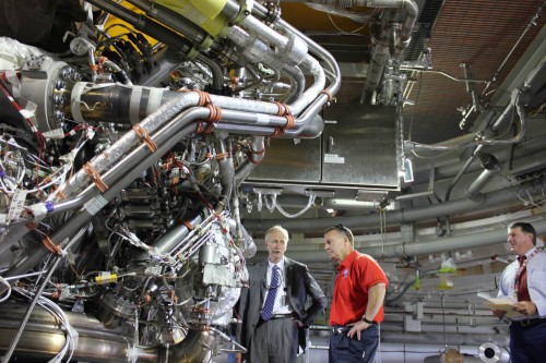 NASA's William Gerstenmaier with Stennis Space Center Director Rick Gilbrech discusses the J-2X rocket engine with members of Aerojet Rocketdyne at NASA's Stennis Space Center photo Credit Jason Rhian AmericaSpace