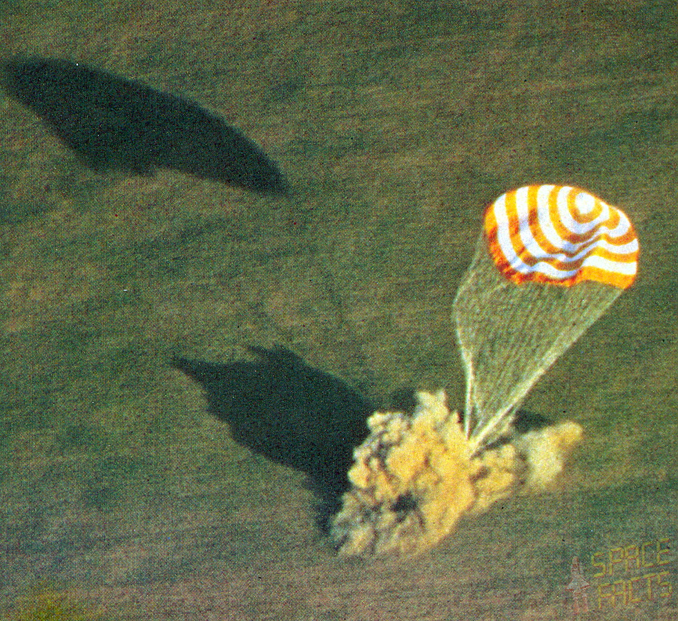 Its descent slowed by a main parachute and its touchdown cushioned by the ignition of solid-fueled rockets, the Soyuz T-6 spacecraft lands safely on 2 July 1982, bringing France's first spacefarer back to Earth. Photo Credit: SpaceFacts.de/Joachim Becker