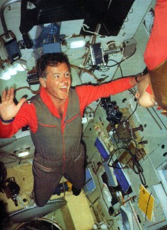 Jean-Loup Chretien expresses euphoria during his eight days of weightlessness. France's first man in space spent a week aboard the Salyut 7 space station. Photo Credit: SpaceFacts.de/Joachim Becker