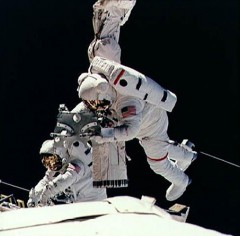 David Low (right) and Jeff Wisoff at work during their EVA. Photo Credit: NASA