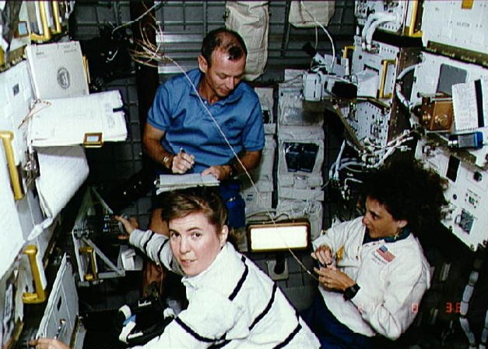 Joined by Pilot Brian Duffy, STS-57 Mission Specialists Janice Voss (left) and Nancy Sherlock made history on the flight. For the first time, a civilian woman and a military woman served together aboard the same space mission. Photo Credit: NASA