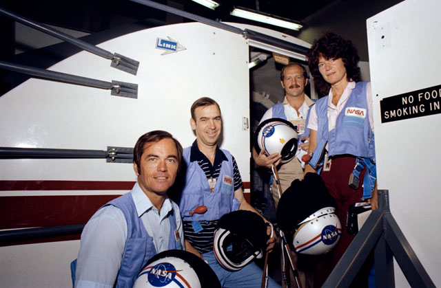 The original, four-member STS-7 crew of (left to right) Bob Crippen, John Fabian, Rick Hauck and Sally Ride were joined by physician-astronaut Norm Thagard to form the world's first-ever five-member crew. Photo Credit: NASA