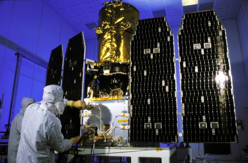 GALEX under construction at JPL prior to its 2003 launch. Image Credit: NASA/JPL.