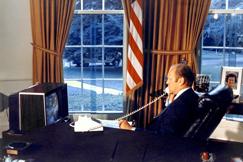 ASTP-830A-S75-30515-7.18.75 U.S. President Gerald Ford watches the ASTP mission on TV photo credit NASA Retro Space Images posted on AmericaSpace