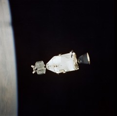 Apollo - here pictured with the docking module attached to the nose of the command module - flew for the final time on ASTP. No American would venture again into space until the first Shuttle flight, six years later, in April 1981. Photo Credit: NASA