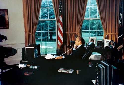 U.S. President Gerald Ford speaks to the joint Apollo-Soyuz crew by radio-telephone from the White House on 18 July 1975. Photo Credit: White House/NASA