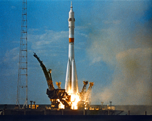 Soyuz 19 begins the extraordinary ASTP mission, with a spectacular launch from Baikonur on 15 July 1975. Photo Credit: NASA