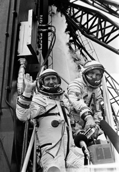 Alexei Leonov (left) and Valeri Kubasov prepare to board their spacecraft, early on 15 July 1975. Photo Credit: NASA
