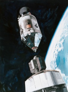 Artist's concept of the delicate "transposition and docking" exercise, used by Apollo to extract the docking module from the final stage of the Saturn IB's S-IVB stage. Image Credit: NASA