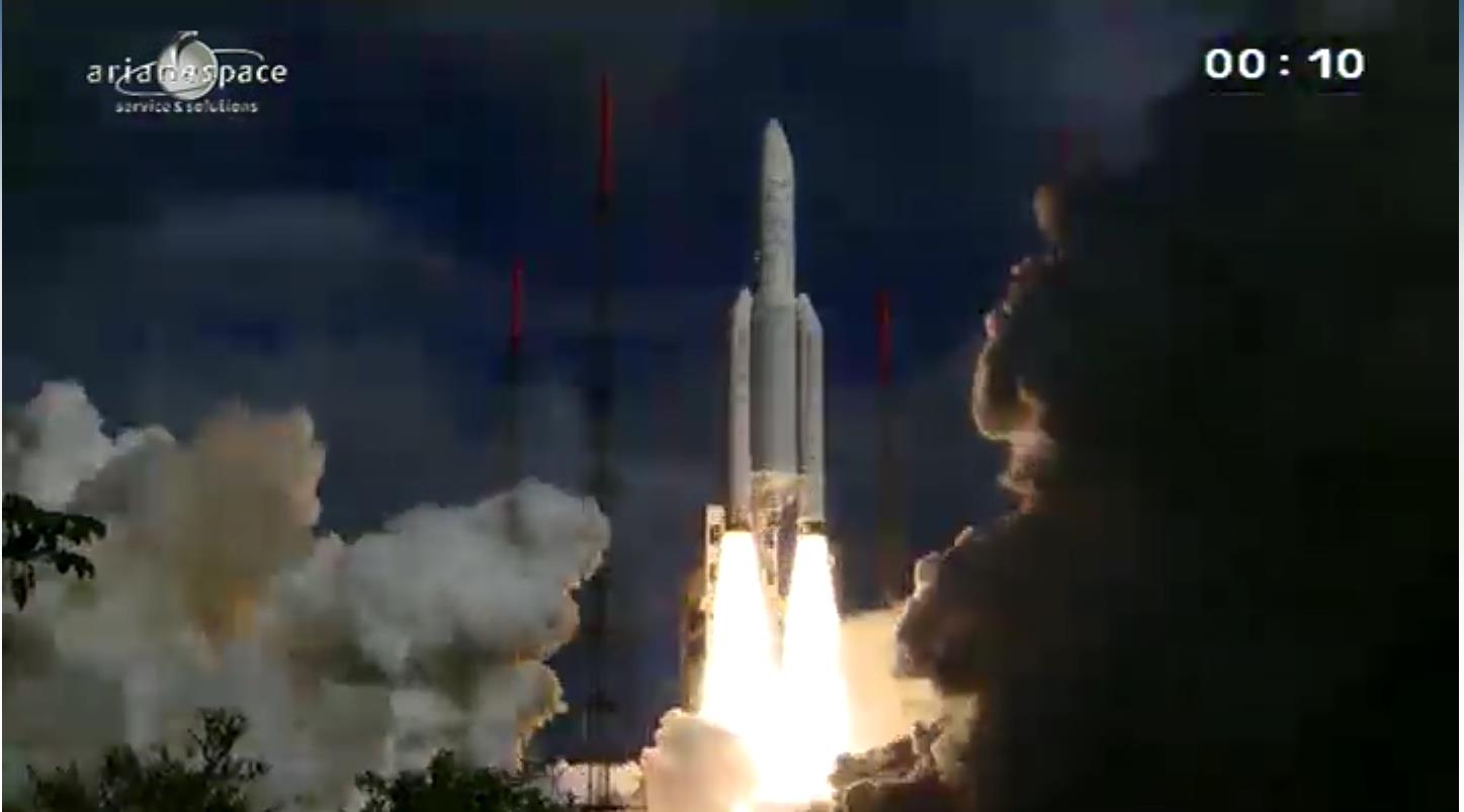 Flight VA-214 thunders aloft from the ELA-3 launch zone on 25 July 2013. Barely five weeks later, another Ariane 5 is primed and ready to go on Thursday 29 August. Photo Credit: Arianespace