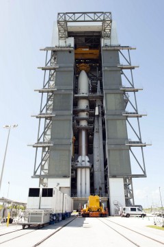 With the MUOS-2 satellite and payload shroud in place, the Atlas V 551 for Friday's launch undergoes checkout. Note the five Aerojet-built solid-fuelled rockets at the base of the Common Booster Core. Photo Credit: United Launch Alliance